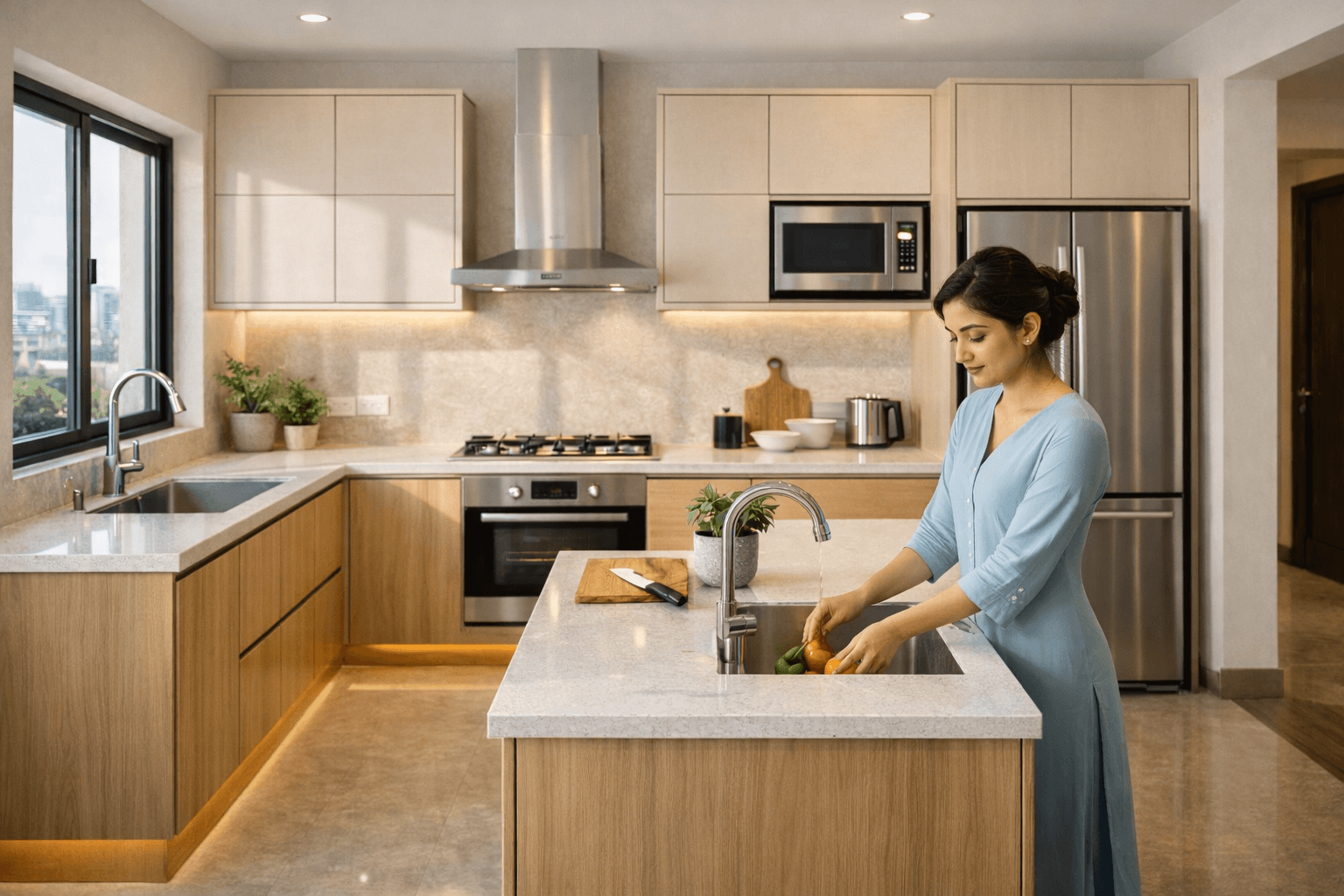 G shaped modular kitchen design with modern layout and extended counter