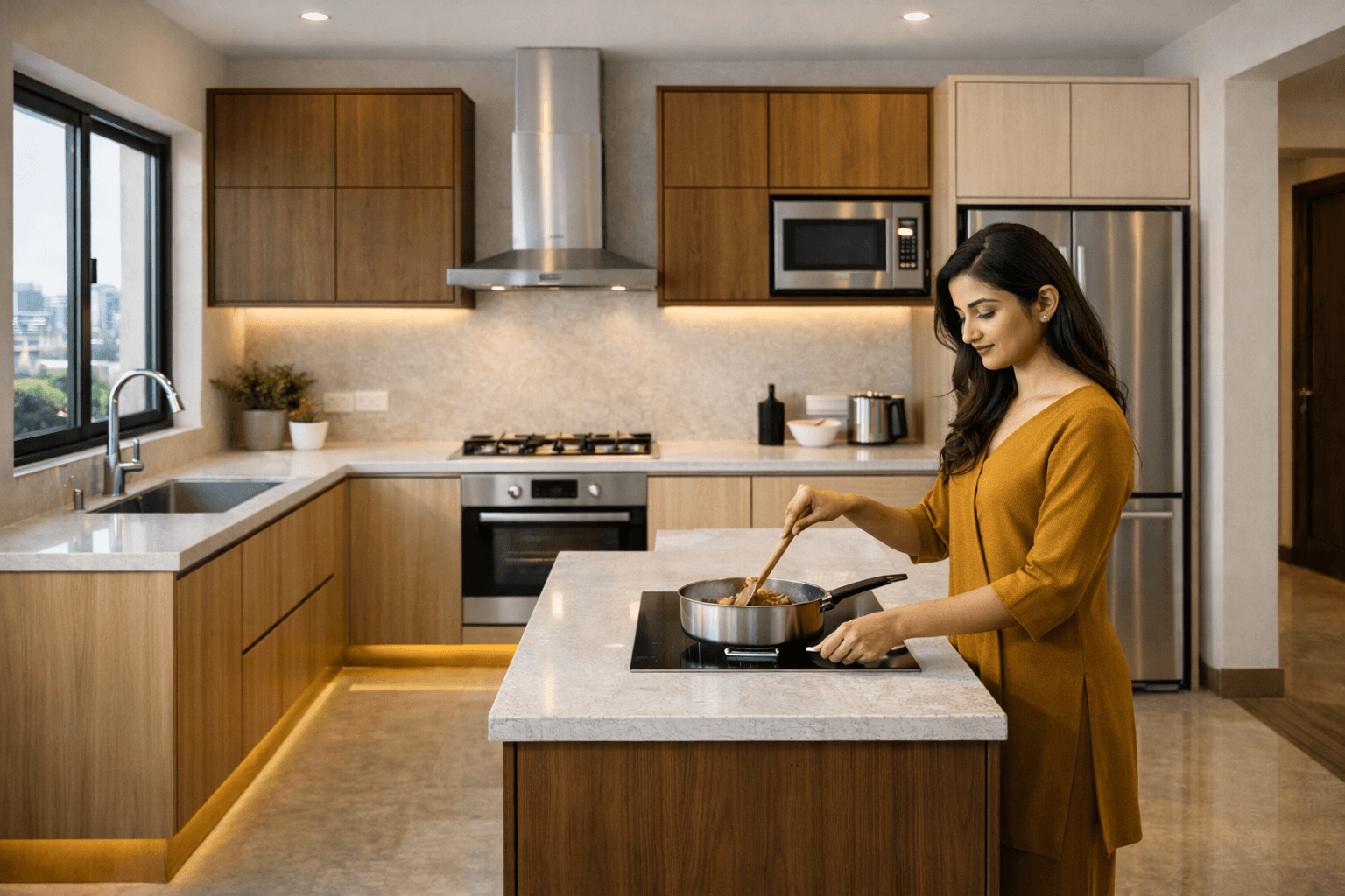 G shaped kitchen with multiple workspace areas and storage